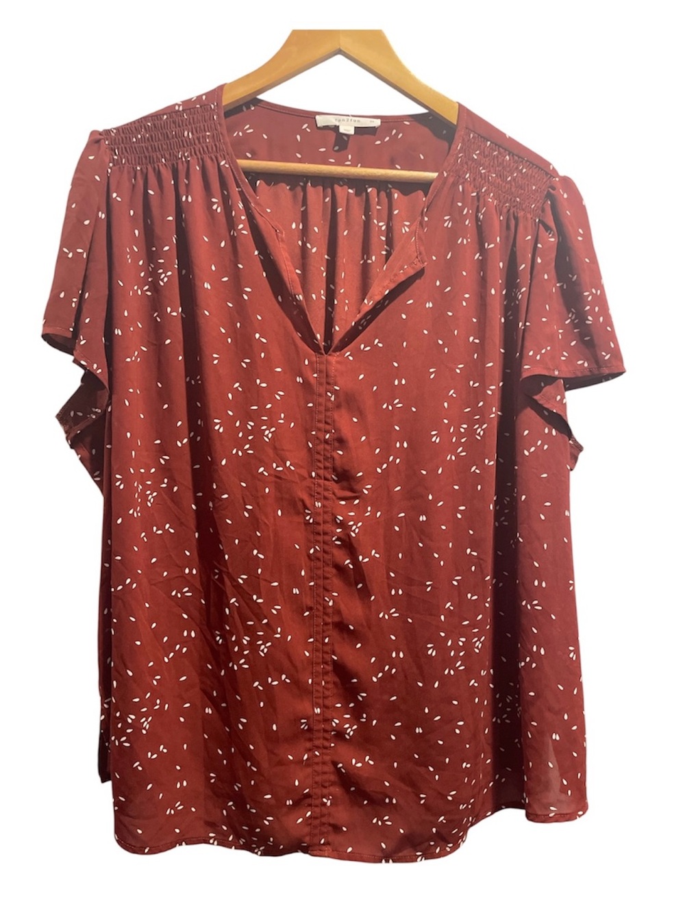 Fun2Fun Blouse V-Neck Women’s Short Sleeve Top Rust with Cream Print- Size -3X